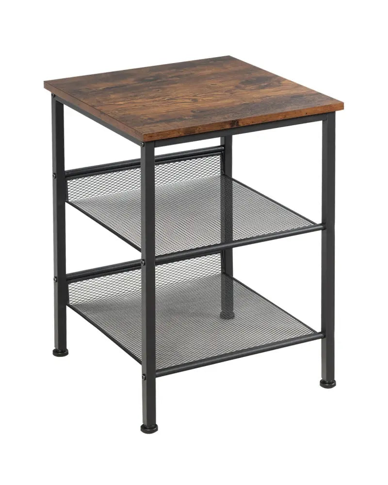 3-Tier Industrial End Table with Mesh Shelves and Adjustable Shelves - Rustic Brown - End & Side Tables