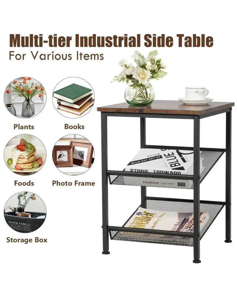 3-Tier Industrial End Table with Mesh Shelves and Adjustable Shelves - Rustic Brown - End & Side Tables