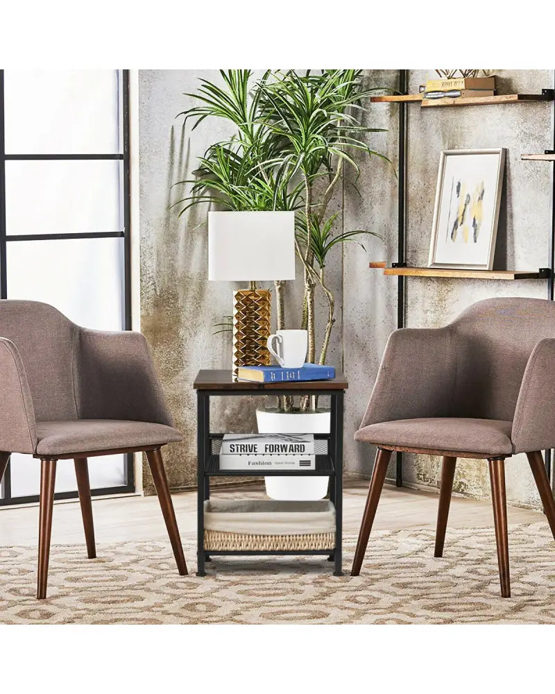 3-Tier Industrial End Table with Mesh Shelves and Adjustable Shelves - Rustic Brown - End & Side Tables