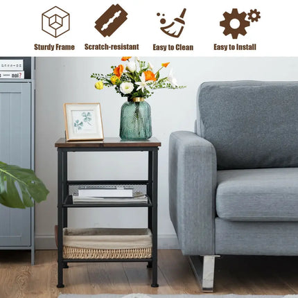 3-Tier Industrial End Table with Mesh Shelves and Adjustable Shelves Costway