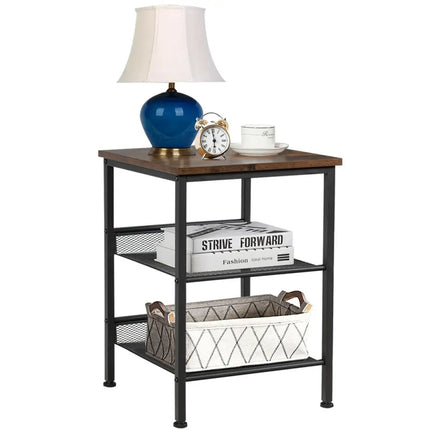 3-Tier Industrial End Table with Mesh Shelves and Adjustable Shelves Costway