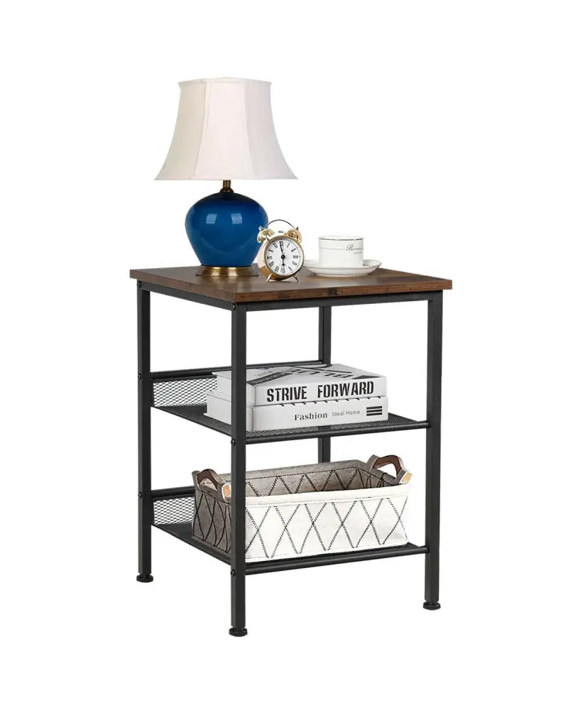 3-Tier Industrial End Table with Mesh Shelves and Adjustable Shelves - Rustic Brown - End & Side Tables