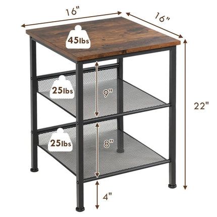 3-Tier Industrial End Table with Mesh Shelves and Adjustable Shelves Costway