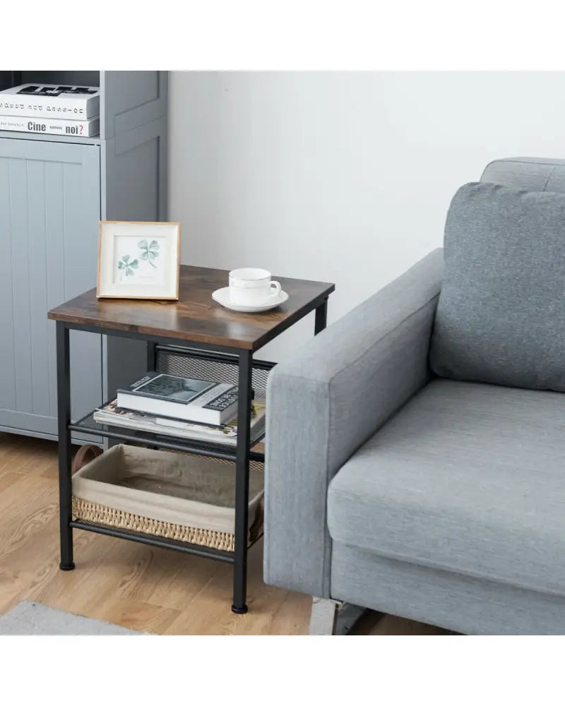 3-Tier Industrial End Table with Mesh Shelves and Adjustable Shelves - Rustic Brown - End & Side Tables