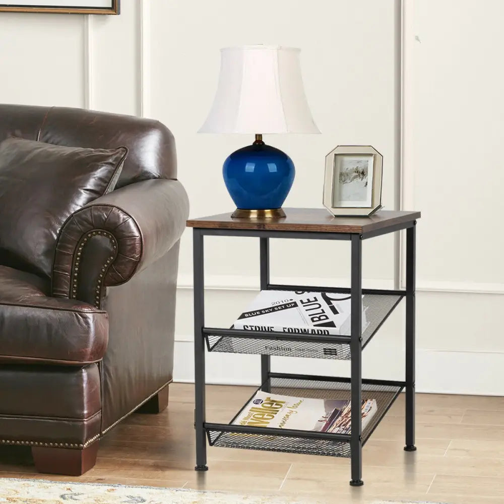 3-Tier Industrial End Table with Mesh Shelves and Adjustable Shelves - Rustic Brown - End & Side Tables