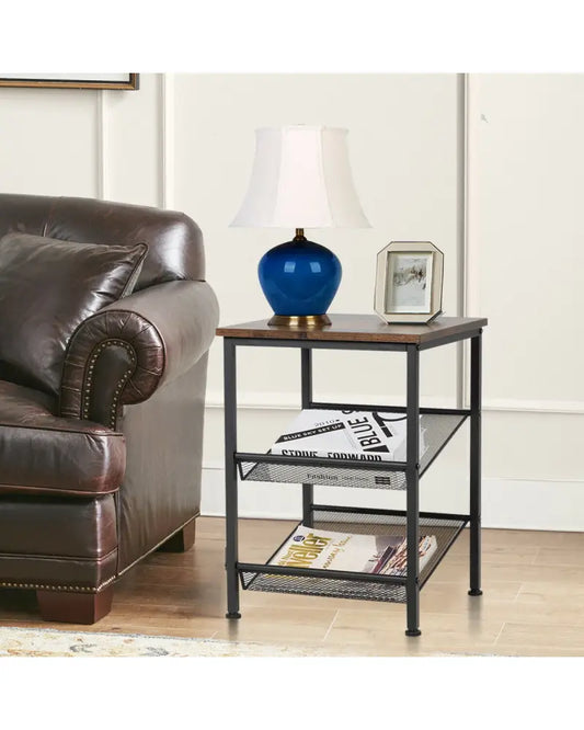 3-Tier Industrial End Table with Mesh Shelves and Adjustable Shelves - Rustic Brown - End & Side Tables