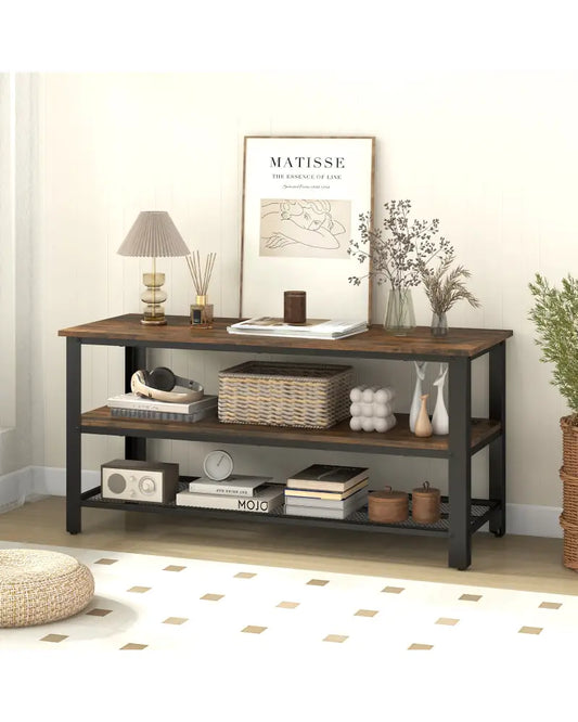3-Tier Industrial Entertainment TV Stand with Metal Mesh Shelf - Brown - Entertainment Centers & TV Stands