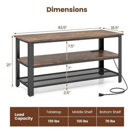 3-Tier Industrial Entertainment TV Stand with Metal Mesh Shelf Costway
