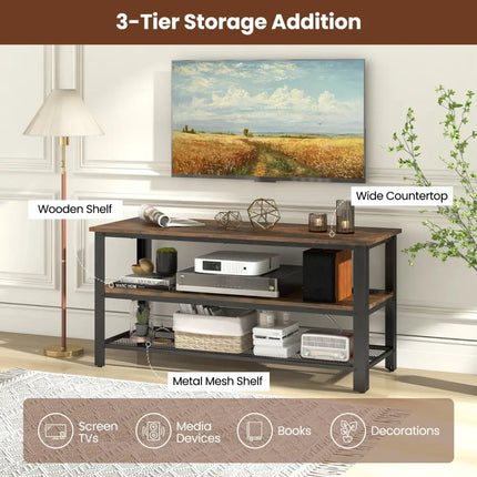 3-Tier Industrial Entertainment TV Stand with Metal Mesh Shelf Costway