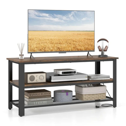 3-Tier Industrial Entertainment TV Stand with Metal Mesh Shelf Costway