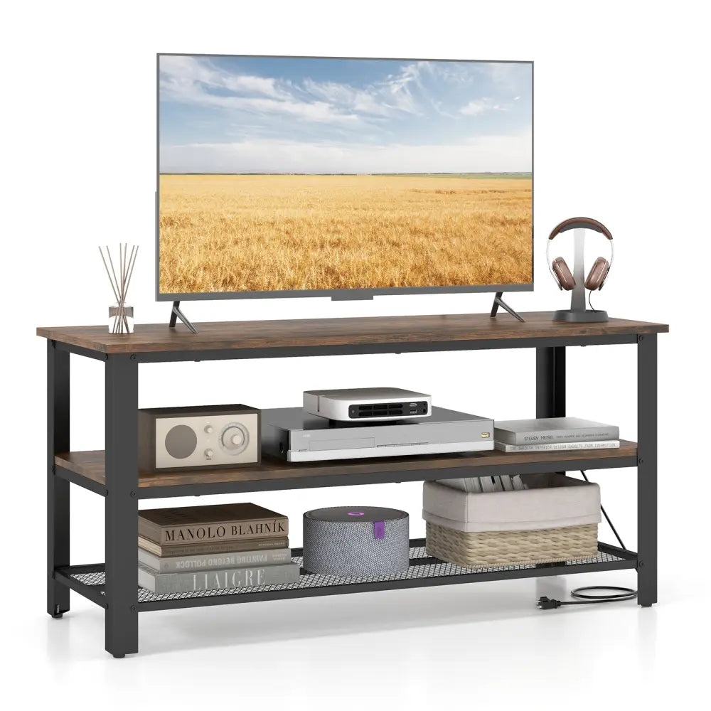 3-Tier Industrial Entertainment TV Stand with Metal Mesh Shelf - Brown - Entertainment Centers & TV Stands