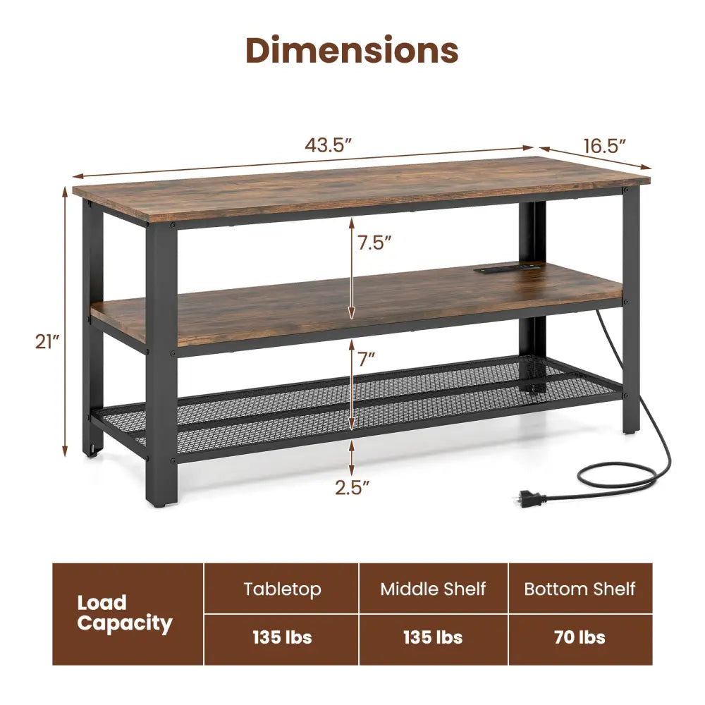 3-Tier Industrial Entertainment TV Stand with Metal Mesh Shelf - Brown - Entertainment Centers & TV Stands