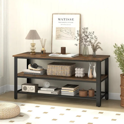3-Tier Industrial Entertainment TV Stand with Metal Mesh Shelf Costway