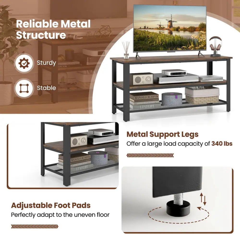 3-Tier Industrial Entertainment TV Stand with Metal Mesh Shelf - Brown - Entertainment Centers & TV Stands