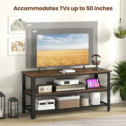 3-Tier Industrial Entertainment TV Stand with Metal Mesh Shelf Costway