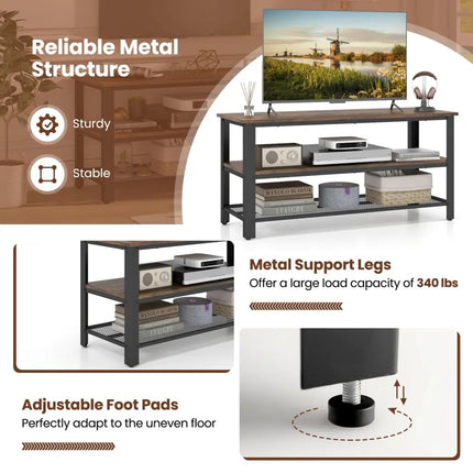 3-Tier Industrial Entertainment TV Stand with Metal Mesh Shelf Costway
