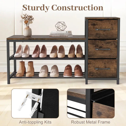 3-Tier Industrial Shoe Bench with 3 Removable Fabric Drawers and Anti-toppling Kits-Rustic Brown - Rustic Brown - Shoe