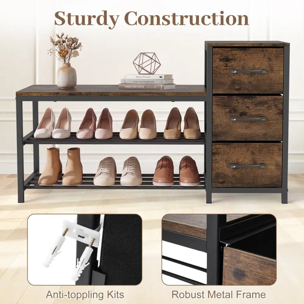 3-Tier Industrial Shoe Bench with 3 Removable Fabric Drawers and Anti-toppling Kits-Rustic Brown - Rustic Brown - Shoe