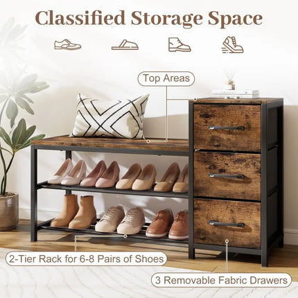 3-Tier Industrial Shoe Bench with 3 Removable Fabric Drawers and Anti-toppling Kits-Rustic Brown - Rustic Brown - Shoe