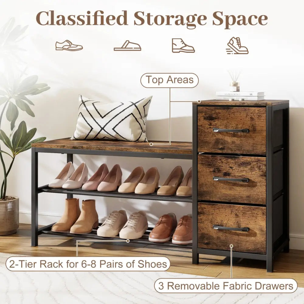 3-Tier Industrial Shoe Bench with 3 Removable Fabric Drawers and Anti-toppling Kits-Rustic Brown - Rustic Brown - Shoe