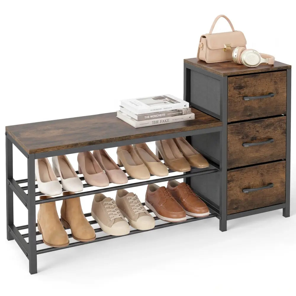 3-Tier Industrial Shoe Bench with 3 Removable Fabric Drawers and Anti-toppling Kits-Rustic Brown - Rustic Brown - Shoe