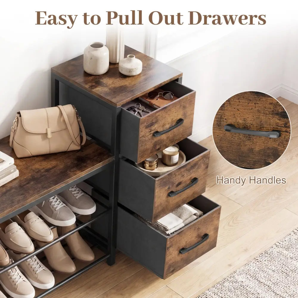3-Tier Industrial Shoe Bench with 3 Removable Fabric Drawers and Anti-toppling Kits-Rustic Brown - Rustic Brown - Shoe