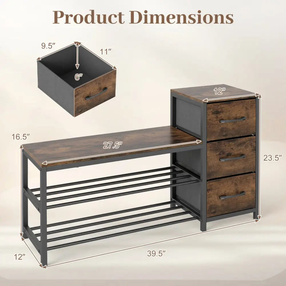 3-Tier Industrial Shoe Bench with 3 Removable Fabric Drawers and Anti-toppling Kits-Rustic Brown - Rustic Brown - Shoe