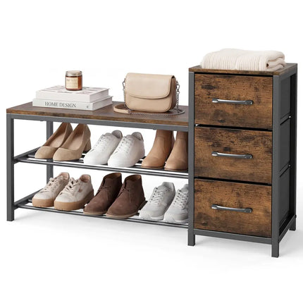 3-Tier Industrial Shoe Bench with 3 Removable Fabric Drawers and Anti-toppling Kits-Rustic Brown - Rustic Brown - Shoe