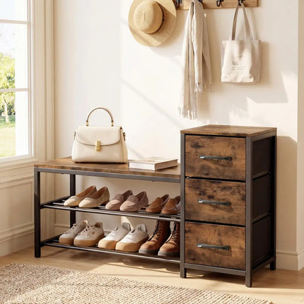 3-Tier Industrial Shoe Bench with 3 Removable Fabric Drawers and Anti-toppling Kits-Rustic Brown - Rustic Brown - Shoe