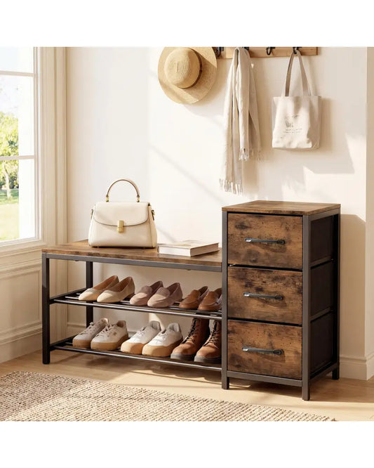 3-Tier Industrial Shoe Bench with 3 Removable Fabric Drawers and Anti-toppling Kits-Rustic Brown - Rustic Brown - Shoe