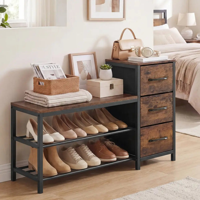 3-Tier Industrial Shoe Bench with 3 Removable Fabric Drawers and Anti-toppling Kits-Rustic Brown - Rustic Brown - Shoe