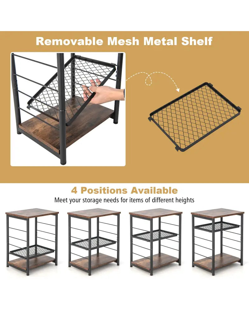 3-Tier Industrial Side Table with Adjustable Mesh Shelf-Rustic Brown - Rustic Brown - End & Side Tables