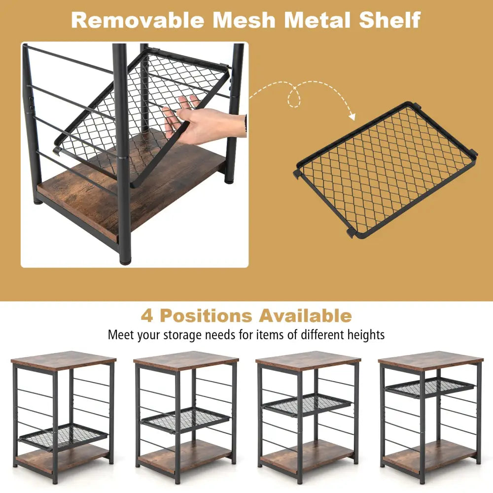 3-Tier Industrial Side Table with Adjustable Mesh Shelf-Rustic Brown - Rustic Brown - End & Side Tables