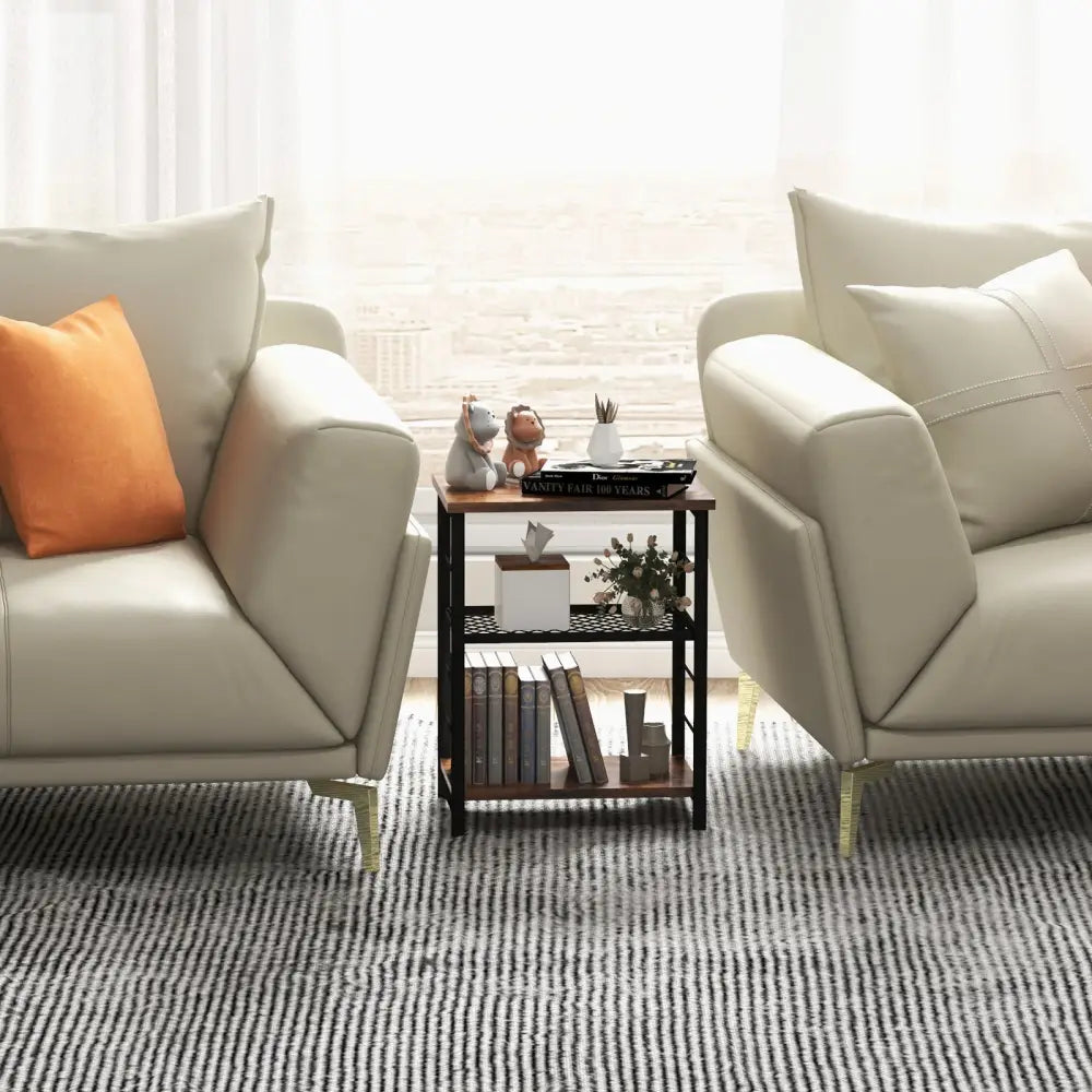 3-Tier Industrial Side Table with Adjustable Mesh Shelf-Rustic Brown - Rustic Brown - End & Side Tables