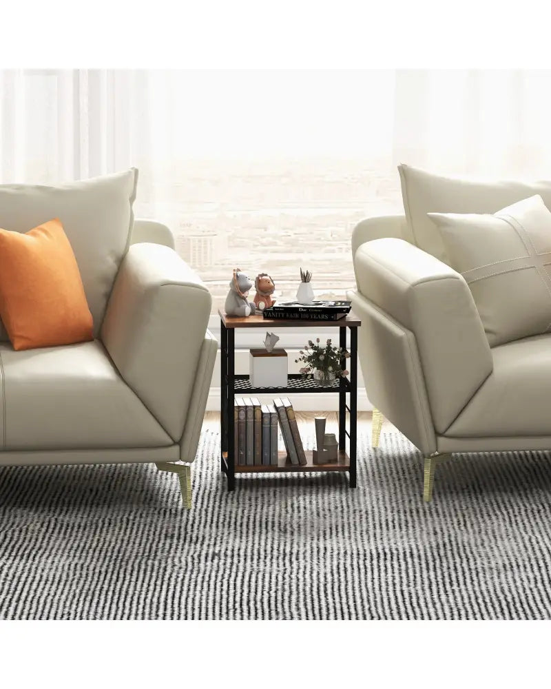 3-Tier Industrial Side Table with Adjustable Mesh Shelf-Rustic Brown - Rustic Brown - End & Side Tables