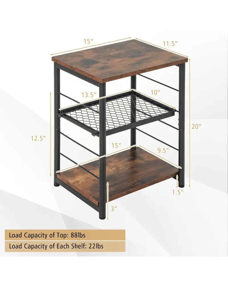 3-Tier Industrial Side Table with Adjustable Mesh Shelf-Rustic Brown - Rustic Brown - End & Side Tables