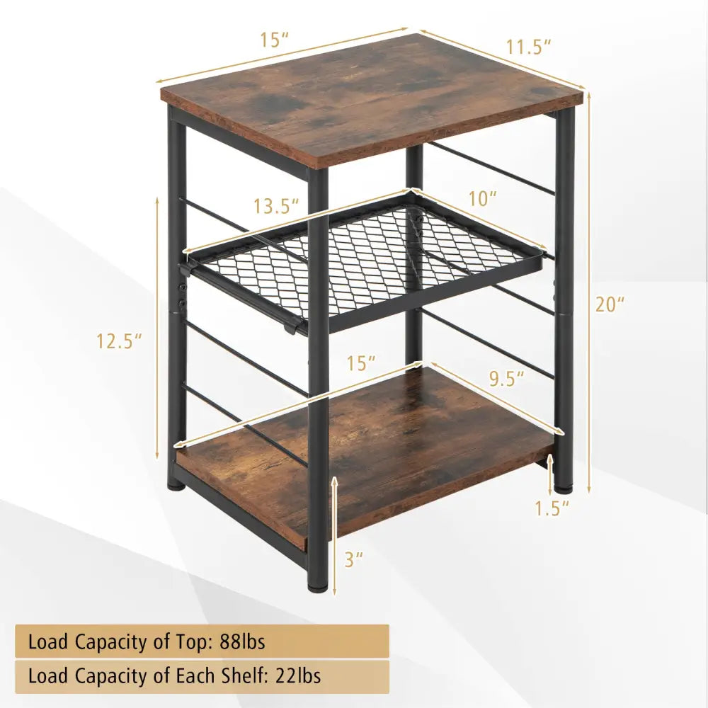 3-Tier Industrial Side Table with Adjustable Mesh Shelf-Rustic Brown - Rustic Brown - End & Side Tables