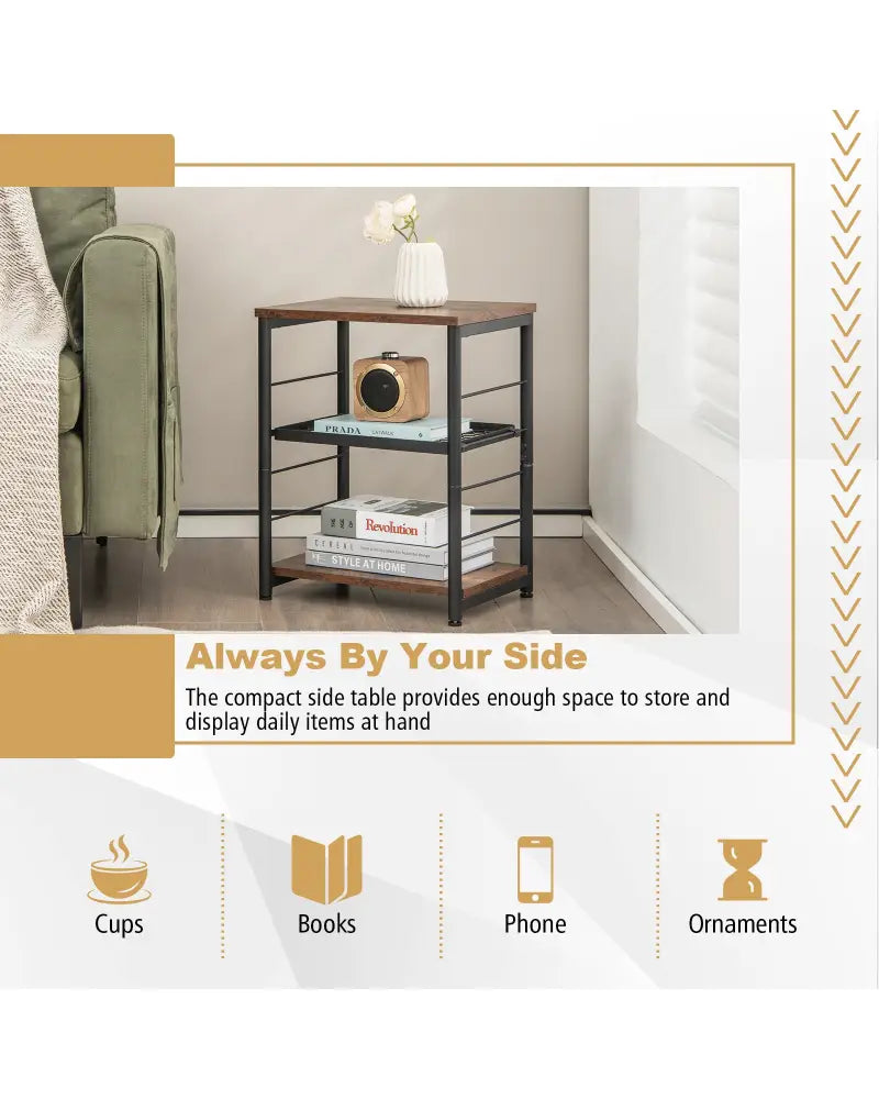 3-Tier Industrial Side Table with Adjustable Mesh Shelf-Rustic Brown - Rustic Brown - End & Side Tables