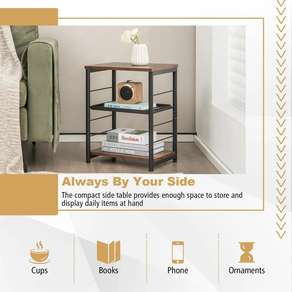 3-Tier Industrial Side Table with Adjustable Mesh Shelf-Rustic Brown - Rustic Brown - End & Side Tables