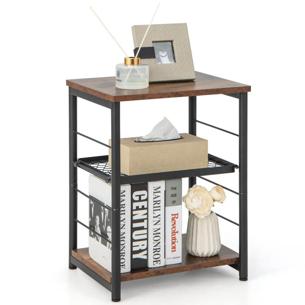 3-Tier Industrial Side Table with Adjustable Mesh Shelf-Rustic Brown - Rustic Brown - End & Side Tables