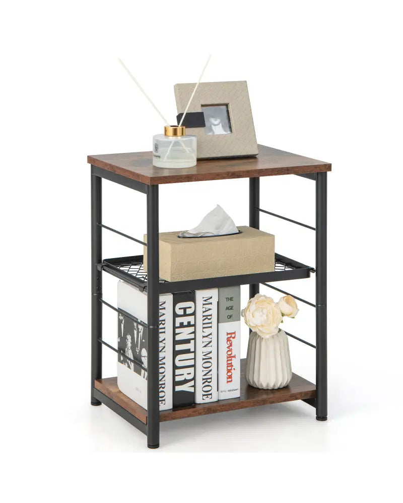 3-Tier Industrial Side Table with Adjustable Mesh Shelf-Rustic Brown - Rustic Brown - End & Side Tables