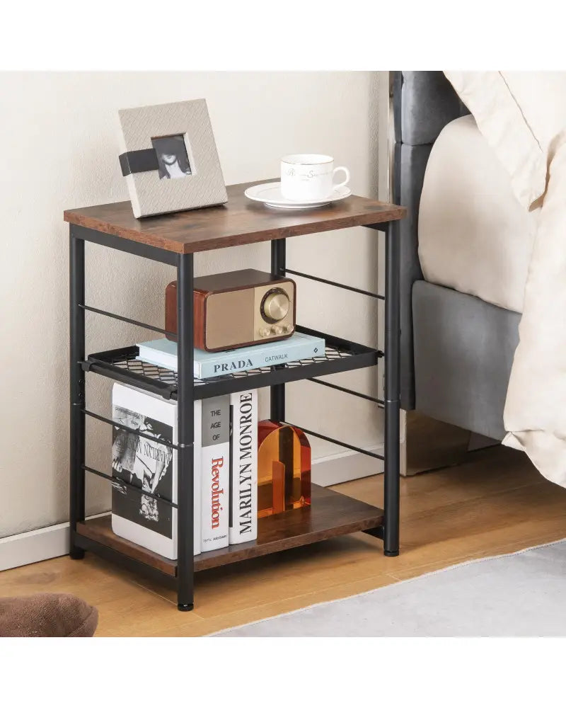 3-Tier Industrial Side Table with Adjustable Mesh Shelf-Rustic Brown - Rustic Brown - End & Side Tables