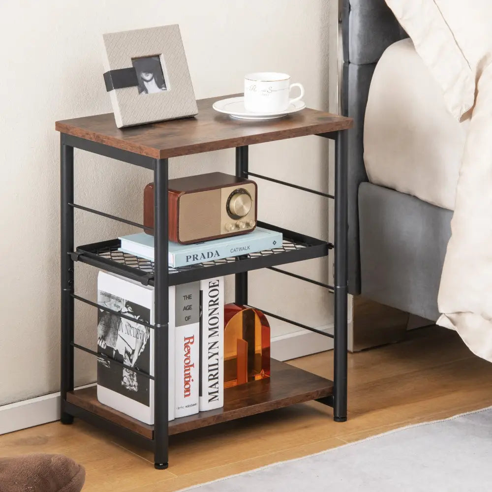 3-Tier Industrial Side Table with Adjustable Mesh Shelf-Rustic Brown - Rustic Brown - End & Side Tables