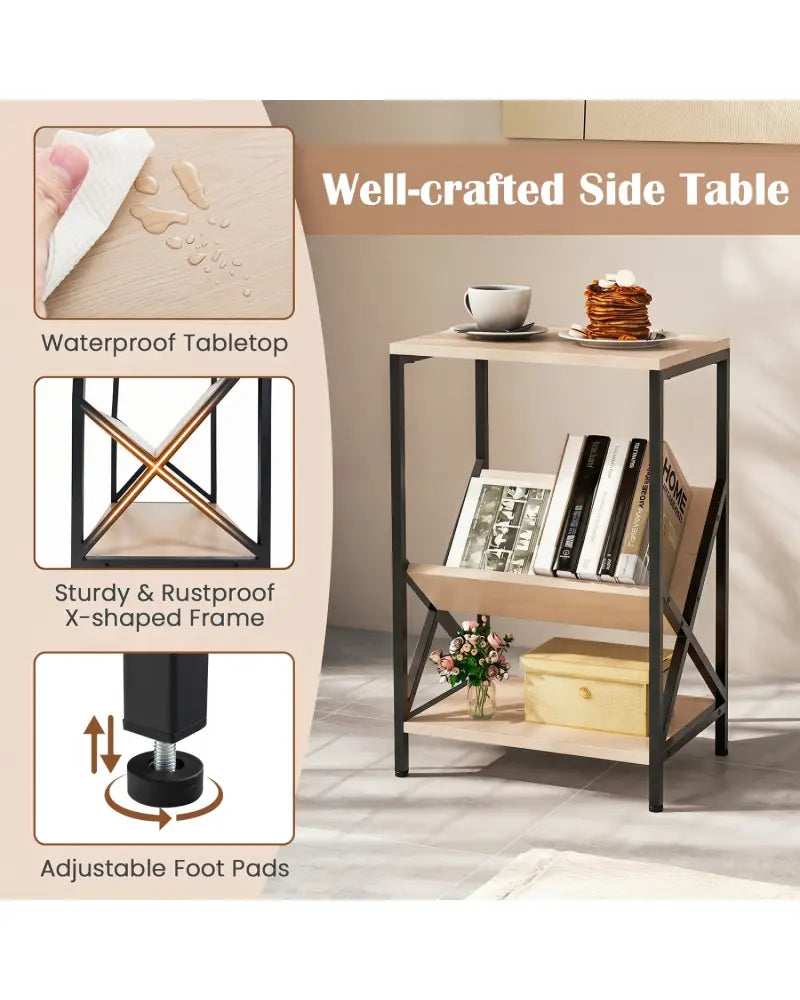 3-Tier Industrial Side Table with V-shaped Bookshelf for Living Room-Natural - Natural - End & Side Tables