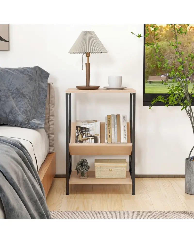 3-Tier Industrial Side Table with V-shaped Bookshelf for Living Room-Natural - Natural - End & Side Tables