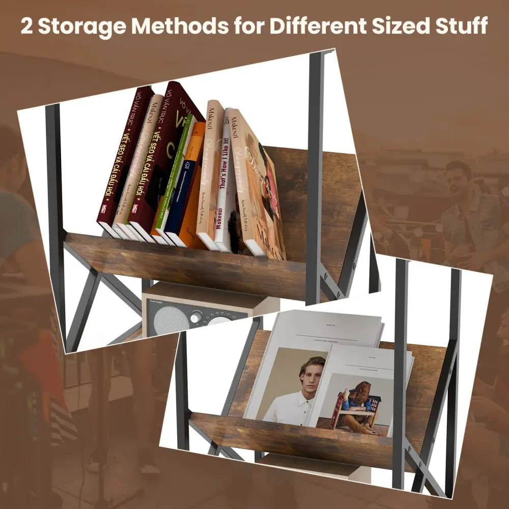 3-Tier Industrial Side Table with V-shaped Bookshelf for Living Room-Rustic Brown - Rustic Brown - End & Side Tables