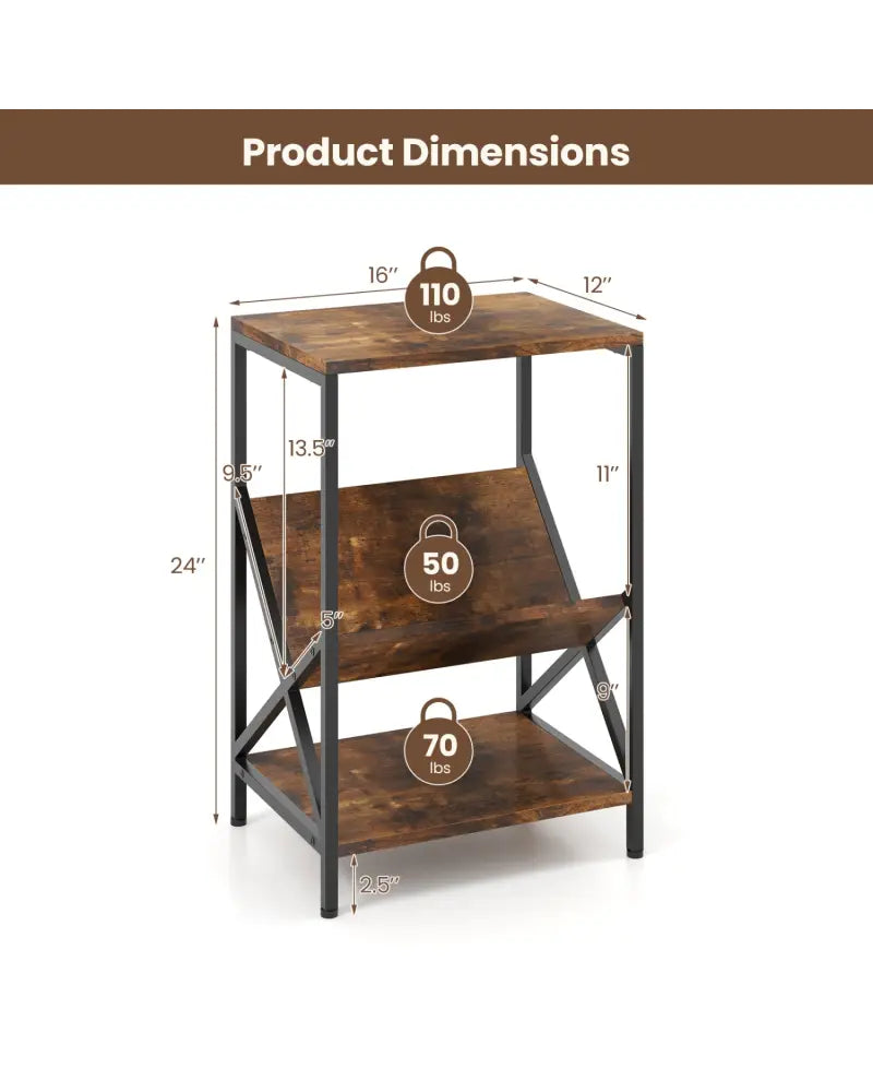 3-Tier Industrial Side Table with V-shaped Bookshelf for Living Room-Rustic Brown - Rustic Brown - End & Side Tables