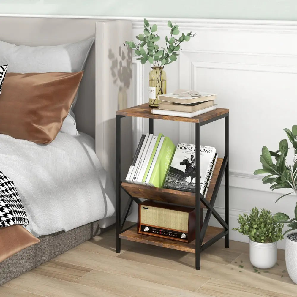 3-Tier Industrial Side Table with V-shaped Bookshelf for Living Room-Rustic Brown - Rustic Brown - End & Side Tables