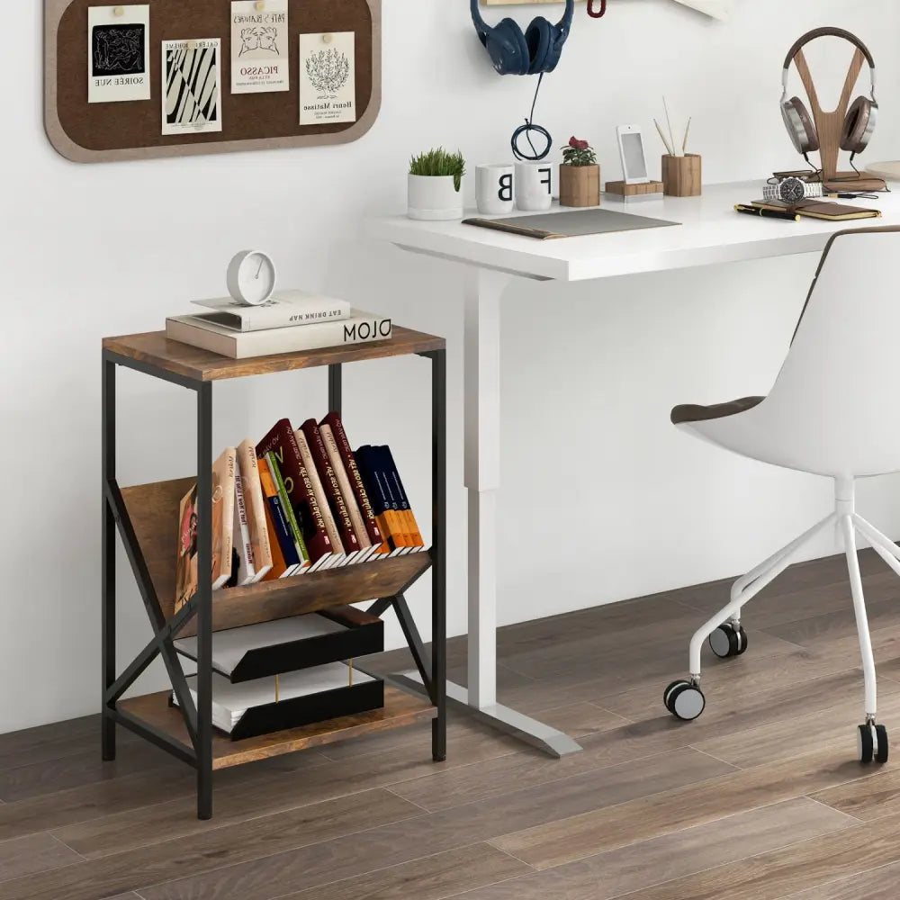 3-Tier Industrial Side Table with V-shaped Bookshelf for Living Room-Rustic Brown - Rustic Brown - End & Side Tables