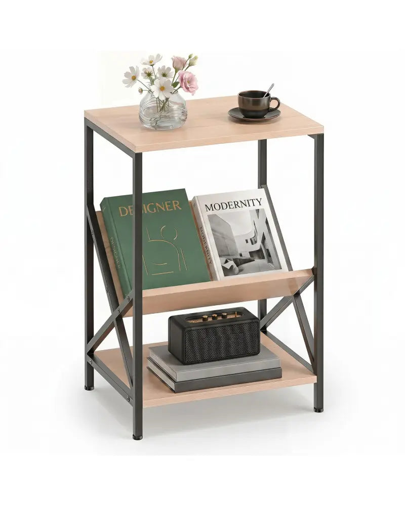 3-Tier Industrial Side Table with V-shaped Bookshelf for Living Room-Natural - Natural - End & Side Tables